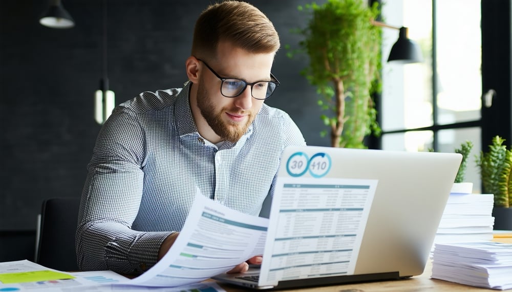 Small business owner reviewing financial documents with a laptop Small business owner reviewing financial documents with a laptop